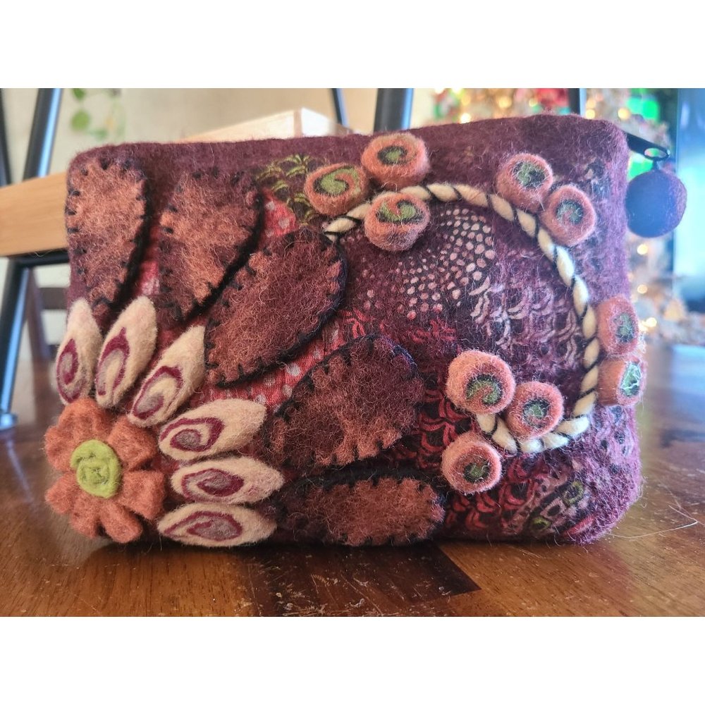 Rising Tide Handcrafted Wool Flower Pouch Clutch Wristlet Applique Stitched